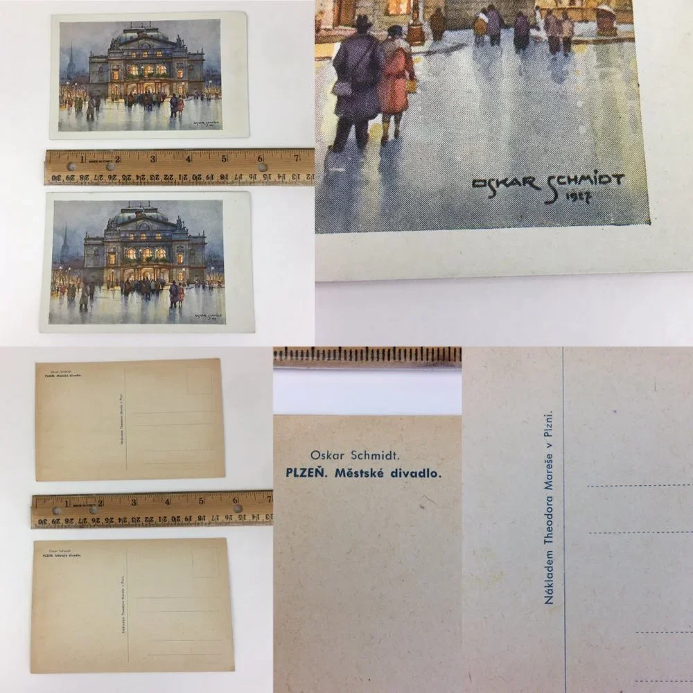3 Vtg Unused Postcards Oskar Schmidt Plzen Mestske divadlo Winter Christmas READ